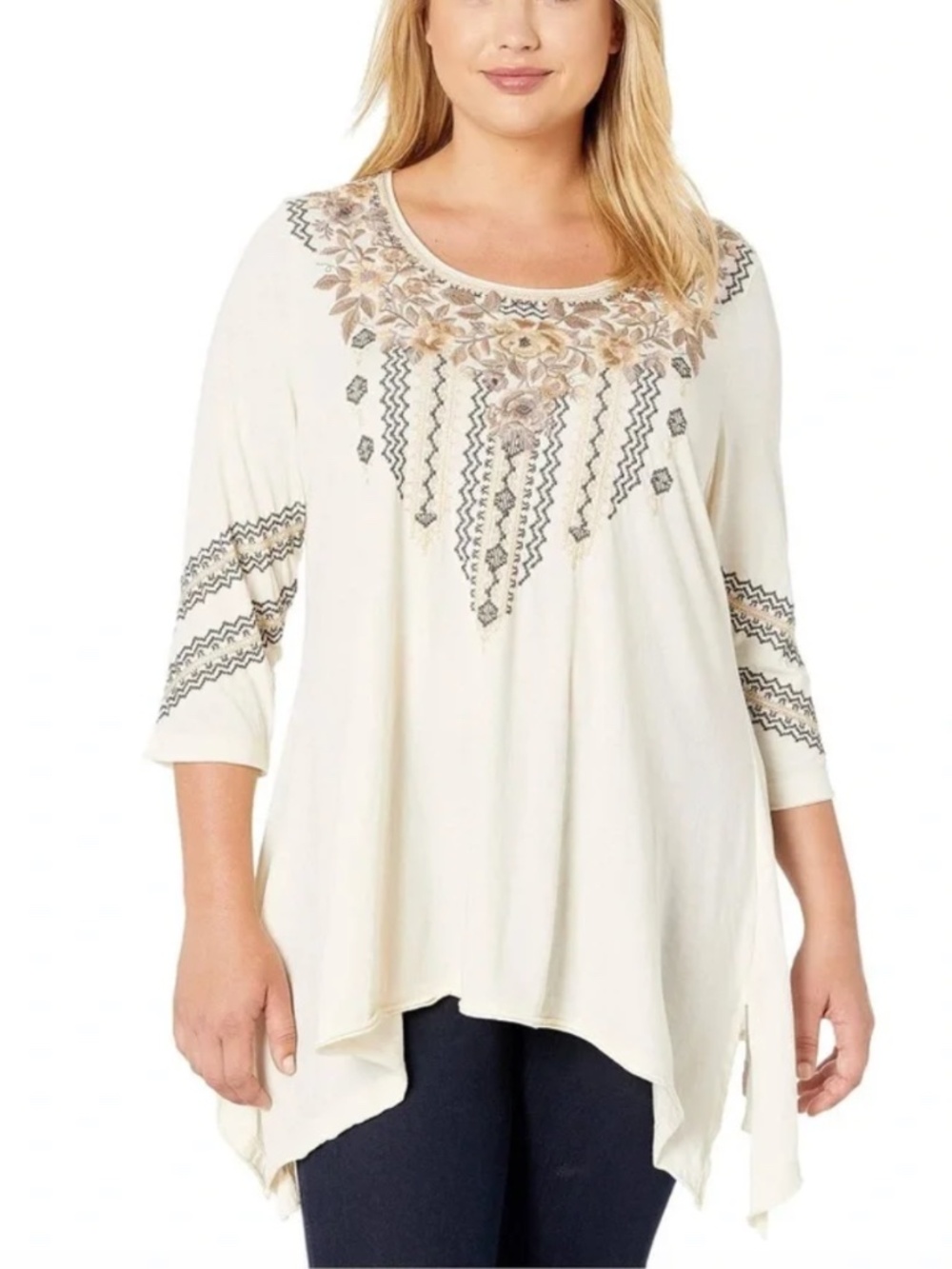 Johnny Was - Marushka 3/4 Sleeve Embroidered Cream Neutral Trapeze Tee Top - 2X